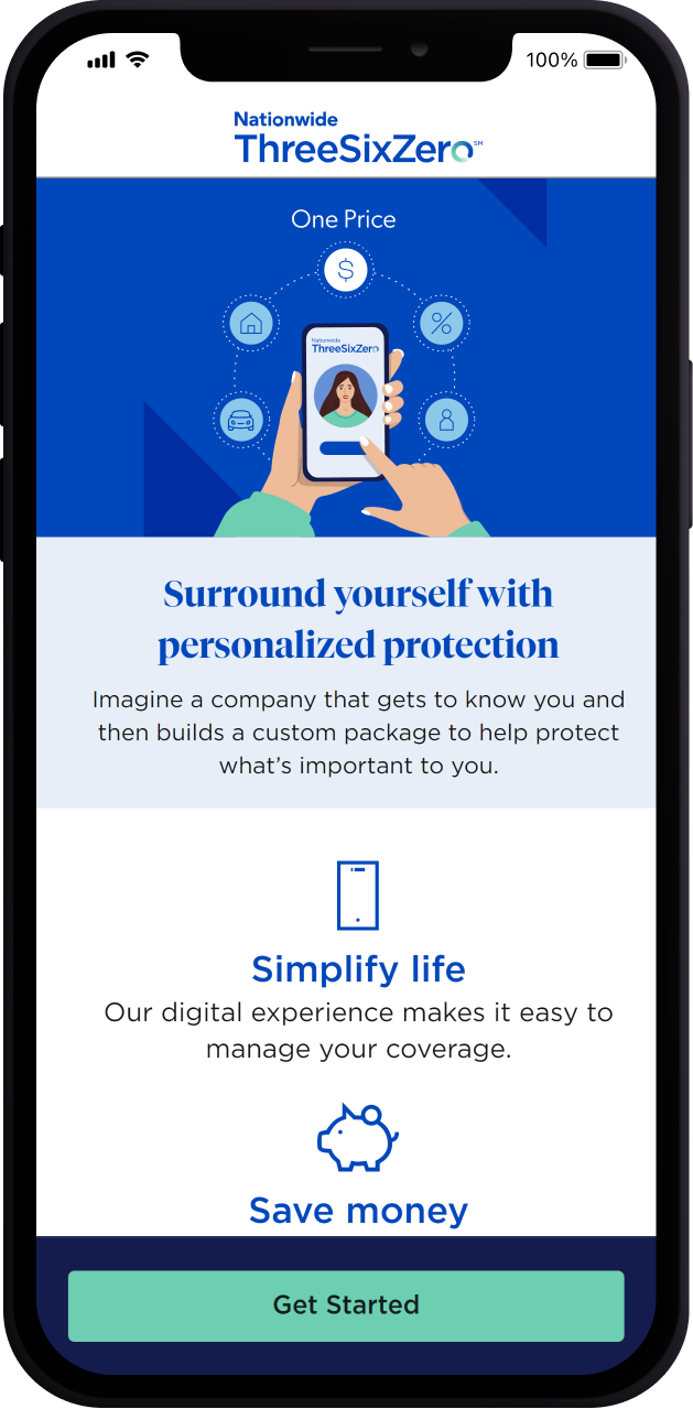 ThreeSixZero mobile landing screen: Surround yourself with personalized protection