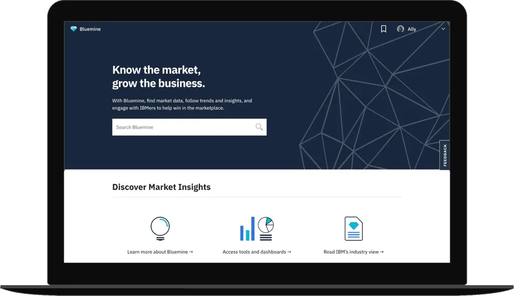 Redesigned Bluemine homepage on a laptop