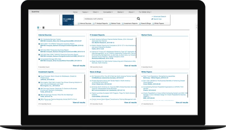 Legacy Bluemine search results on a laptop