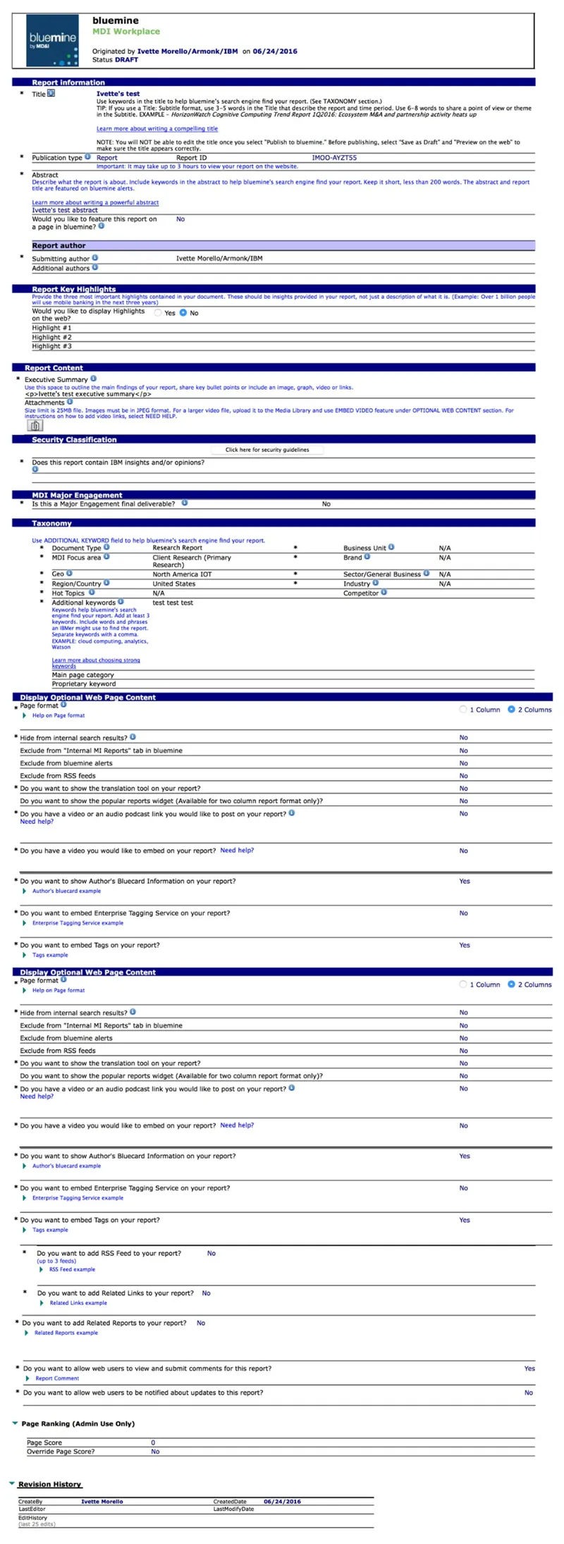 Legacy Bluemine publishing form, 2016