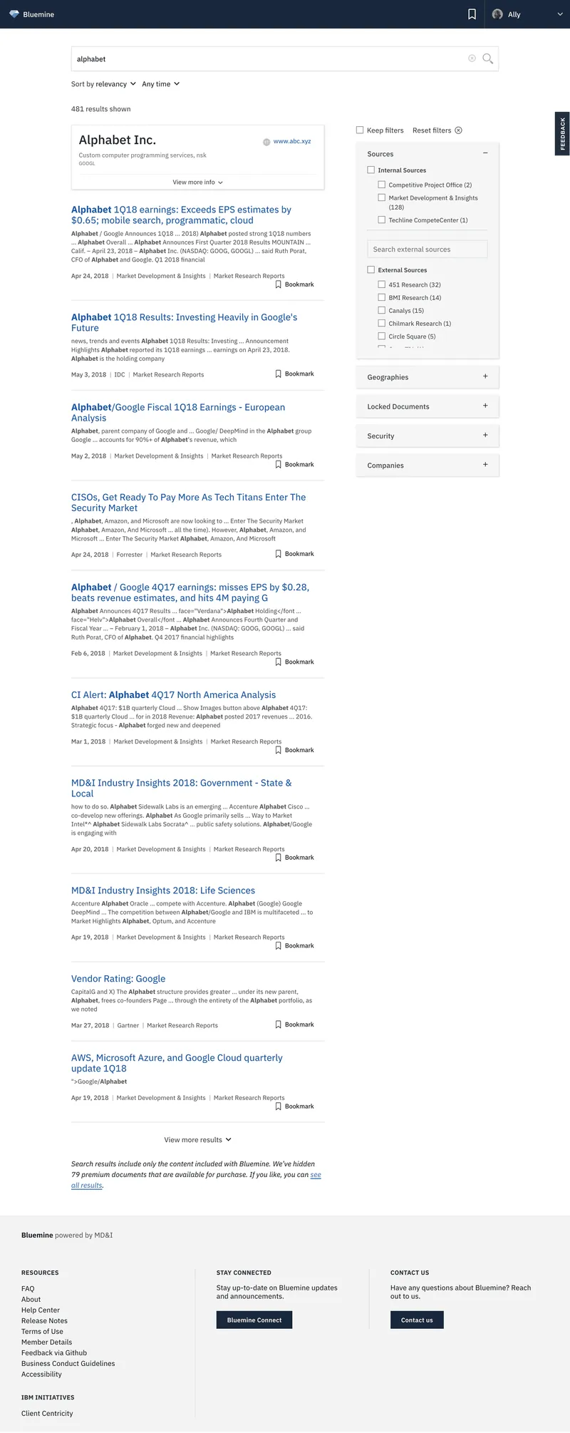 Redesigned Bluemine search results for Alphabet, 2018